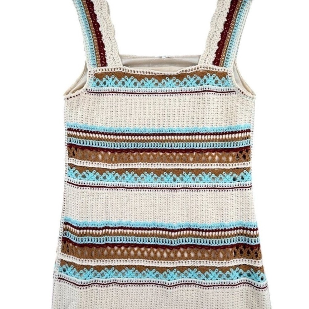 Crochet Midi Dress XL Cream Brown Turquoise Boho Striped Sleeveless Romantic - Picture 3 of 8